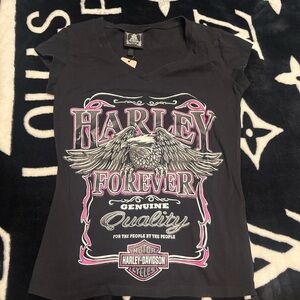 Harley-Davidson Black Tee with Pink and White Graphics